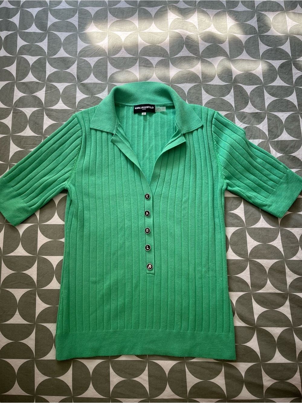 Karl Lagerfeld Emerald Green Ribbed Polo Knit Top